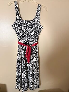 Black & White Floral A-Line Dress with Red Waist Tie
